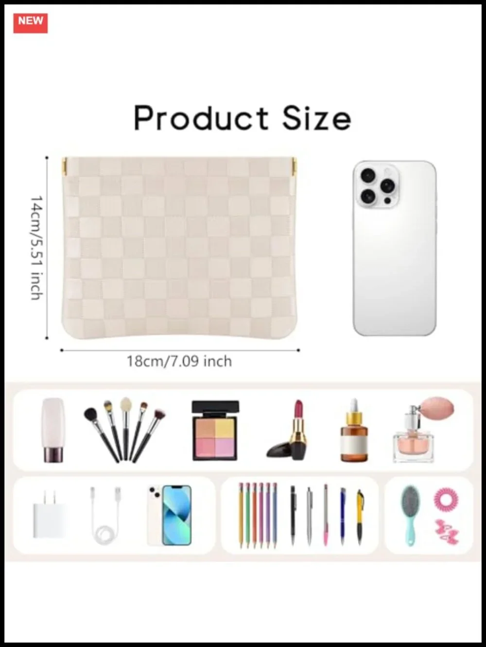 2PCS PU Leather Cosmetic Pouch Makeup Bag Checkered Travel Organizer